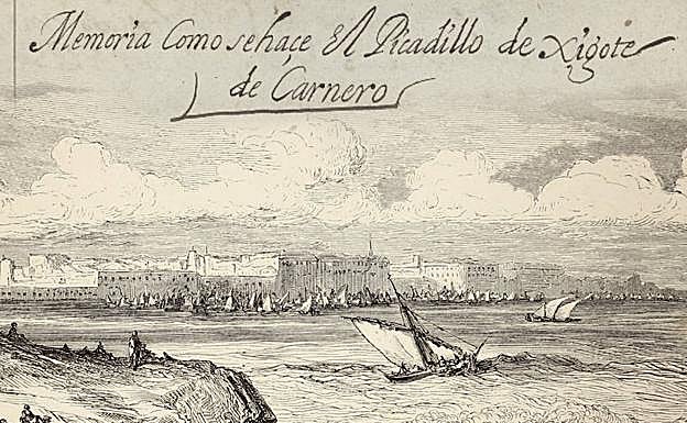 Título de la receta y vista de Cádiz grabada por Gustave Doré.