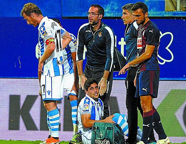 Merquelanz, en el suelo junto al masajista Soroa y al doctor Barrera, consciente de la importancia de su lesión en la rodilla. 