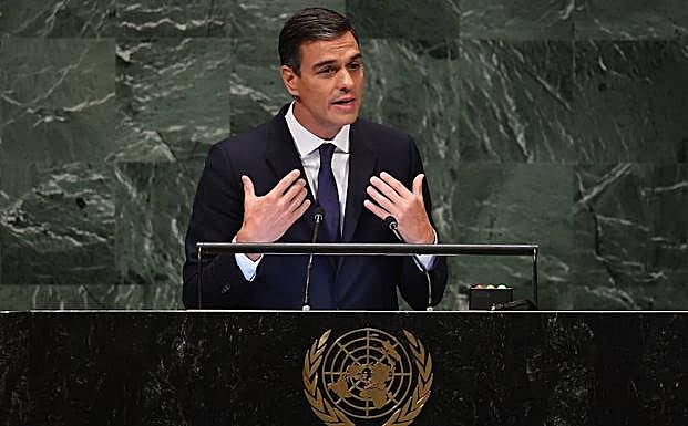Pedro Sánchez habla en la sede de la ONU. 