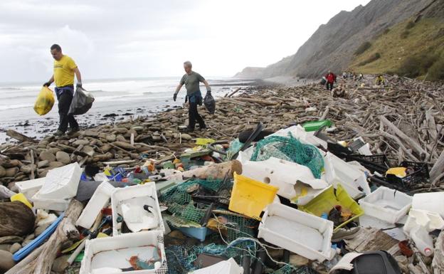 Imagen principal - Costa entre Deba y Zumaia | Voluntarios limpian el Flysch