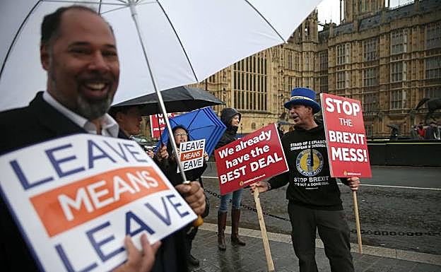 Un grupo de ciudadanos protesta ante el Parlamento británico contra la salida de Reino Unido de la Unión Europea.