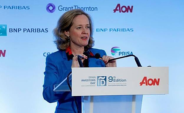 La ministra de Economía, Nadia Calviño, durante su intervención en el Spain Investors Day.