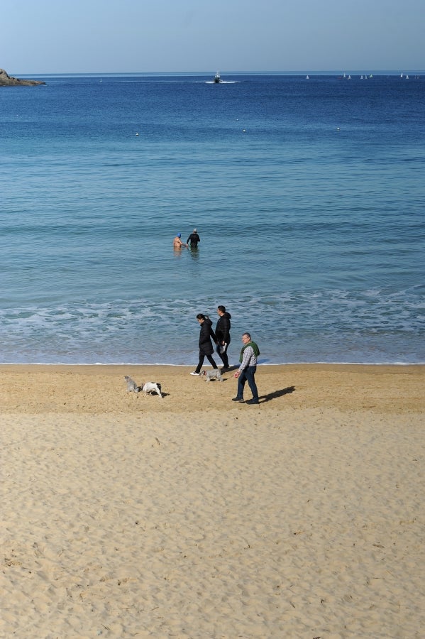 El sol y las altas tempetraturas se han asentado todo el fin de semana y piensan quedarse una semana más. Los vecinos de Donostia aprovechan el buen tiempo para pasar y sacarse fotos en el Paseo de la Concha.