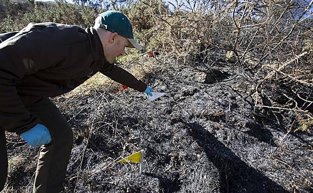 Uno de los guardas de la unidad coloca una marca en una zona calcinada en la zona de Gazume, en la subida a Hernio. 