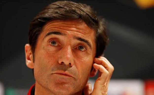 Marcelino, durante la rueda de prensa previa al enfrentamiento ante el Arsenal.