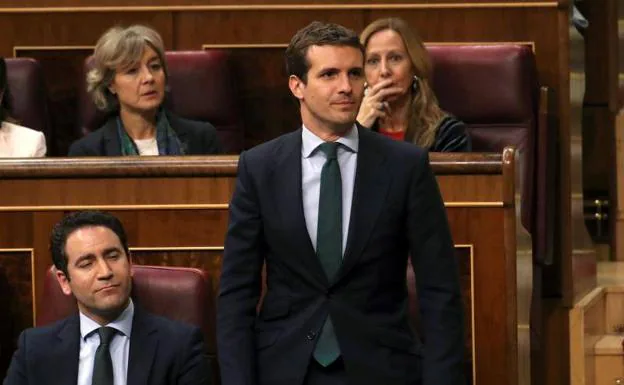 -El presidente del Partido Popular, Pablo Casado, jura su cargo en el Congreso.