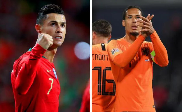 Cristiano Ronaldo celebra uno de sus goles ante Suiza. Virgil Van Dijk de Holanda aplaude a los aficionados