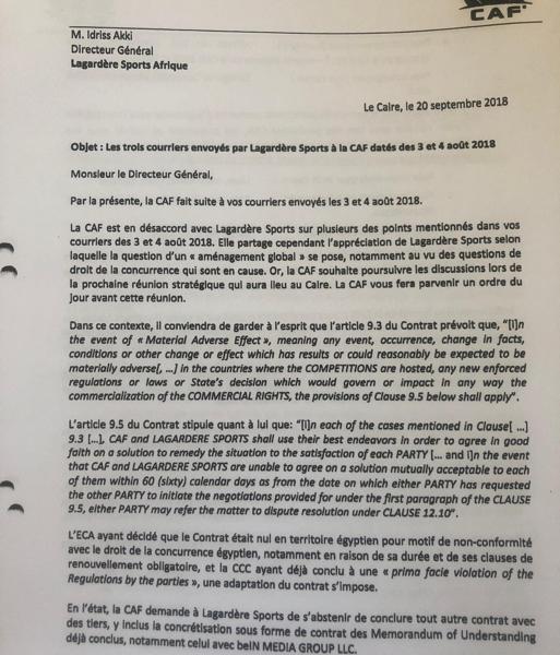 Carta dirigida por la CAF al director general de Lagardere Sport en sep. 2018 donde manifiestan su disconformidad con sus propuestas para alcanzar un acuerdo satisfactorio respecto al reparto económico de los derechos de TV de las competiciones africanas. 