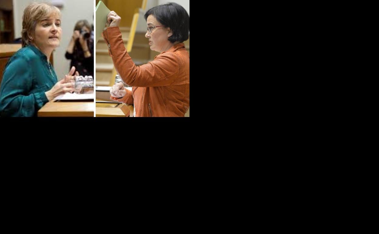 La parlamentaria de EH Bildu Rebeka Ubera y de Elkarerkin Podemos Cristina Macazaga, en el Parlamento Vasco