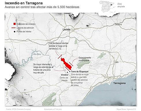 Imagen principal - Los bomberos consiguen estabilizar el 80% del incendio de Tarragona