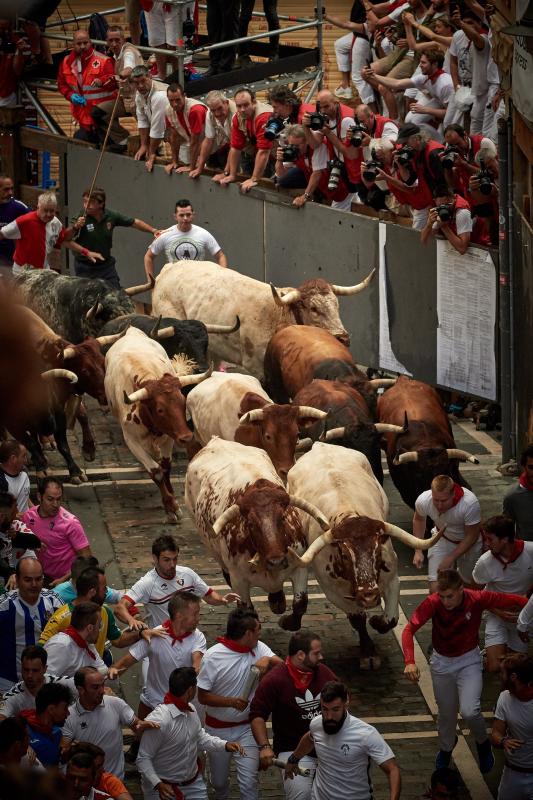 Fotos: Segundo encierro de San Fermín muy veloz y limpio de los toros de Cebada Gago