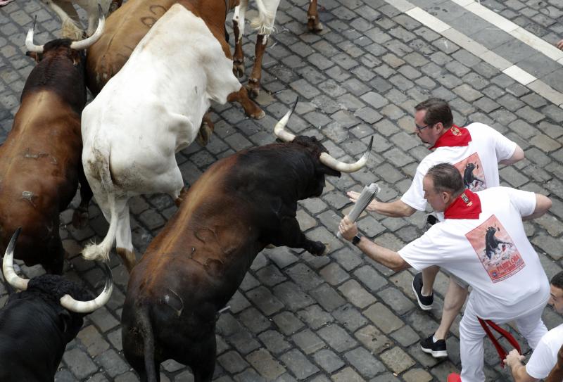 Fotos: Segundo encierro de San Fermín muy veloz y limpio de los toros de Cebada Gago