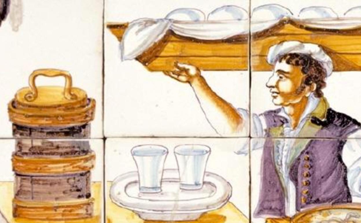 Azulejo de Manises con escena de cocina y garrapiñera, ca. 1830. Europeana