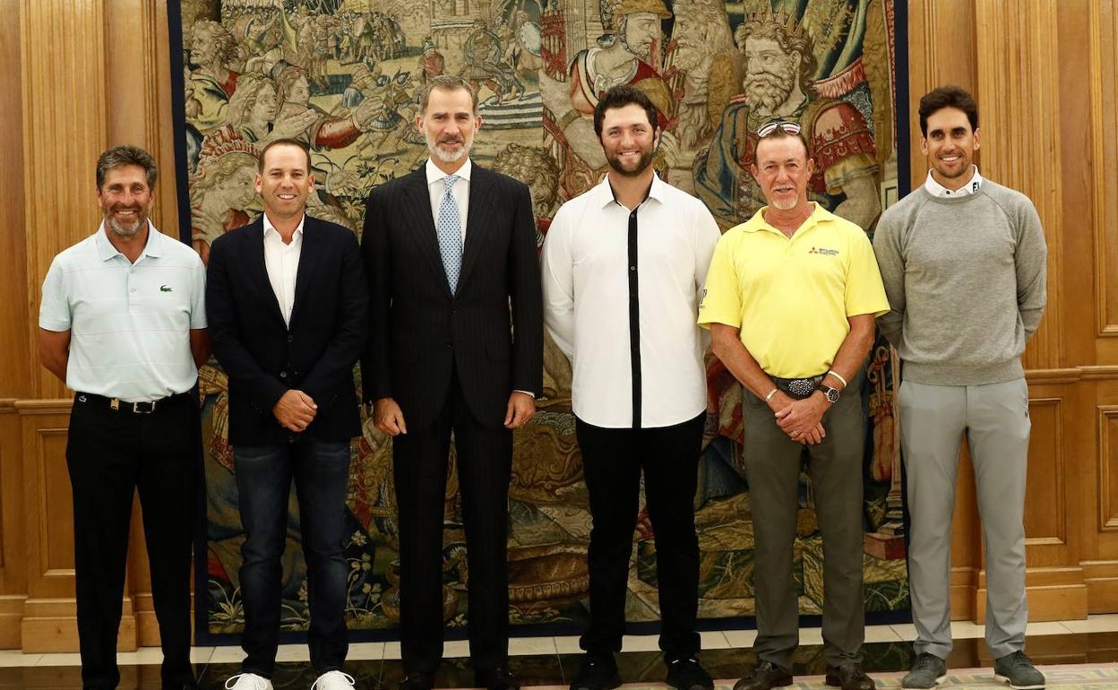 Olazabal, García, Felipe VI, Rahm, Jiménez y Cabrera en la Zarzuela.