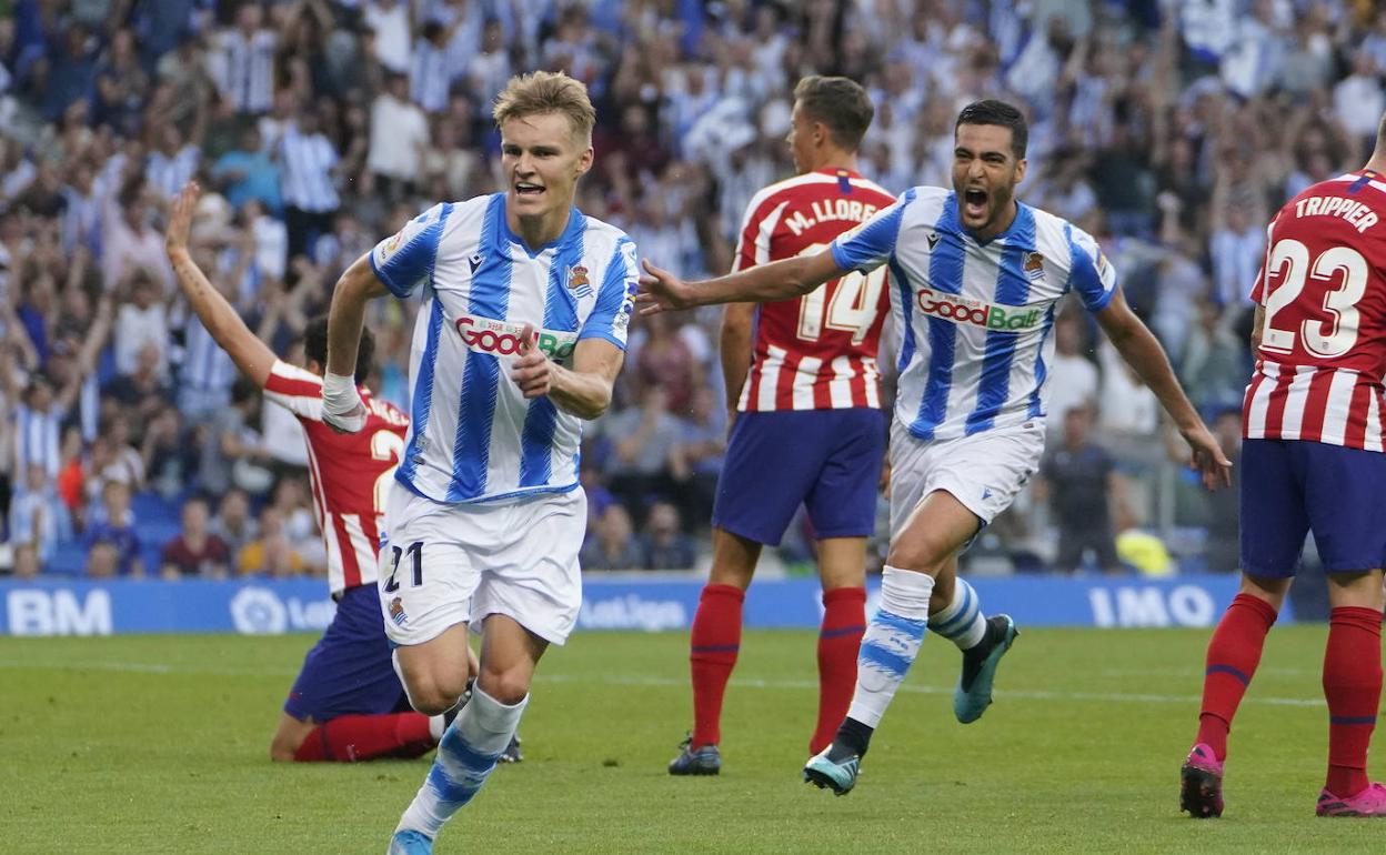 Odegaard celebra el que marcó ante el Atlético de Madrid.
