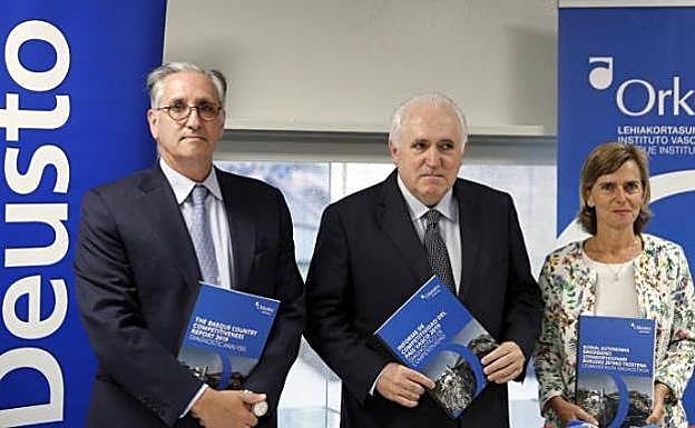 El presidente de Orkestra-Instituto Juan Martín, el rector de la universidad José María Guibert y la directora de este organismo, María José Aranguren. 