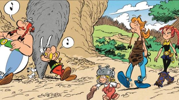 Astérix, Obélix e Ideáfix al cuidado de Adrenalina, la hija del jefe galo Vercingétorix, flanqueada por los hijos de Esautomátix y Ordenalfabétix.