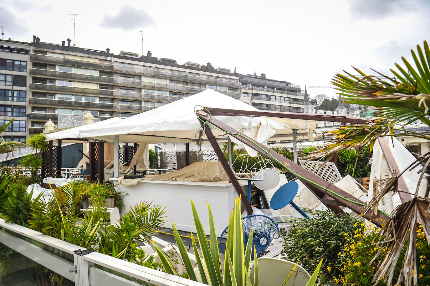El viento ha provocado numerosos daños materiales en Gipuzkoa, especialmente en Donostia, con árboles y andamios caídos por toda la ciudad.