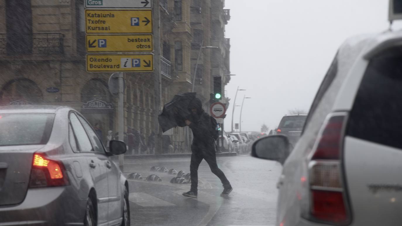 El viento ha provocado numerosos daños materiales en Gipuzkoa, especialmente en Donostia, con árboles y andamios caídos por toda la ciudad.
