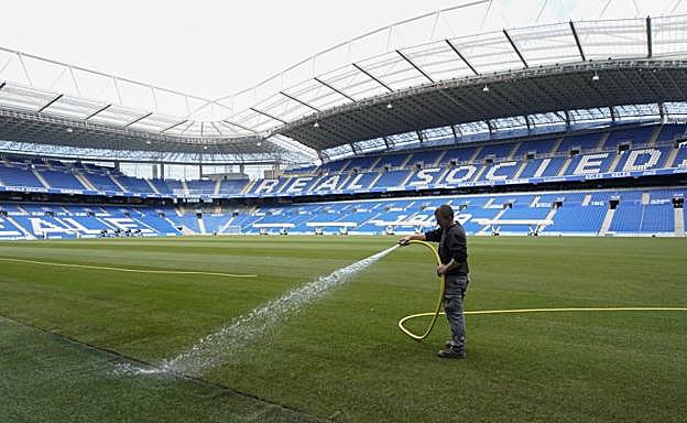 Nuevo verde. Un empleado riega ayer el césped del Reale Arena, una vez completada la colocación de todos los tepes. 