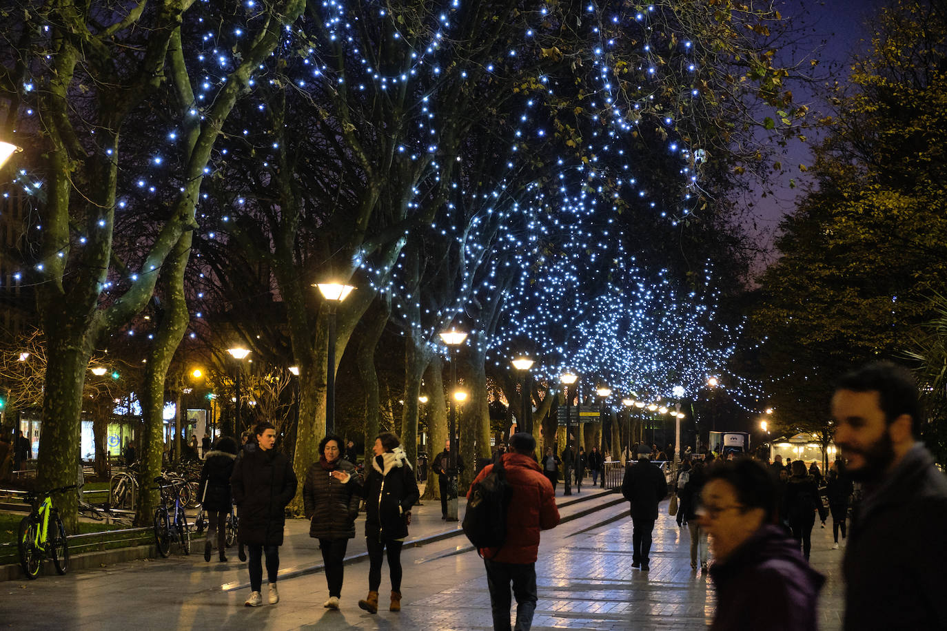 Las luces de Navidad iluminan Donostia. Por toda la ciudada hay 75 calles con más de 730 elementos, de ellos un 90% de diseños nuevos. Además, en Alderdi Eder se ha instalado un planetario de luz y sonido, una bola de diez metros de altura en la calle Easo, los árboles del Buen Pastor y el palacio de Miramar y el Mercado de Navidad. Todo ellos contribuyen a dar brillo a la ciudad.