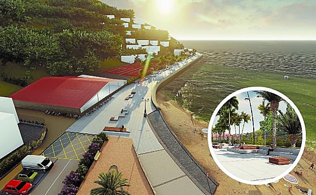 Aspecto aéreo que tendría el paseo Eduardo Chillida peatonalizado, desde la rampa de bajada a la playa al Peine del Viento. 