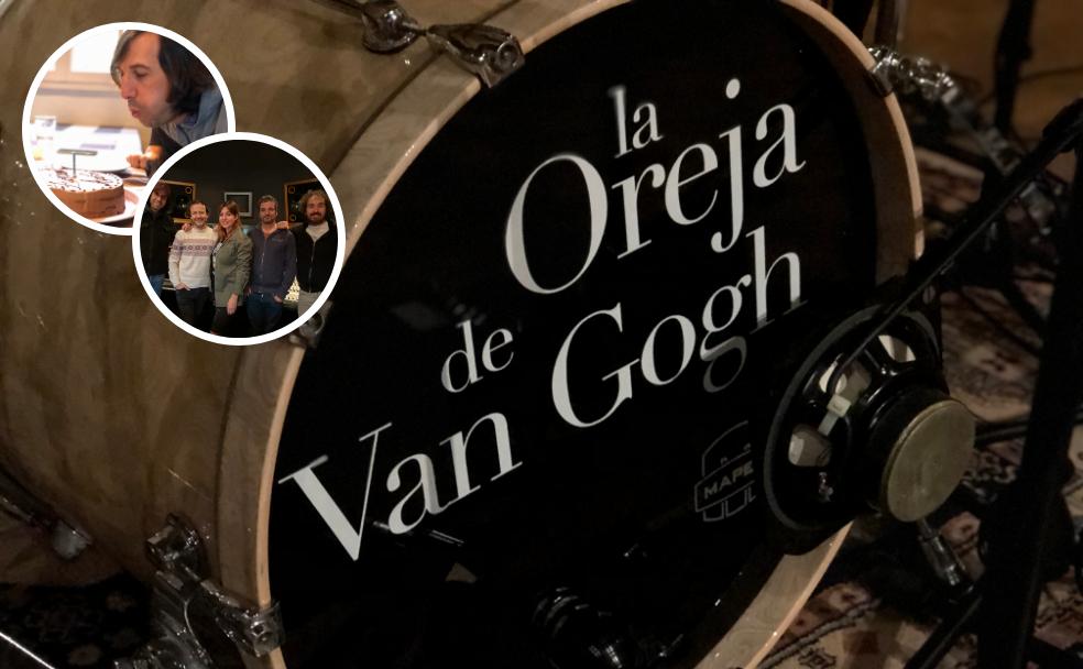 Momentos de la convivencia, Leire grabando las voces, la celebración del cumpleaños de Haritz, y el bombo de la batería con el logo y los micrófonos.