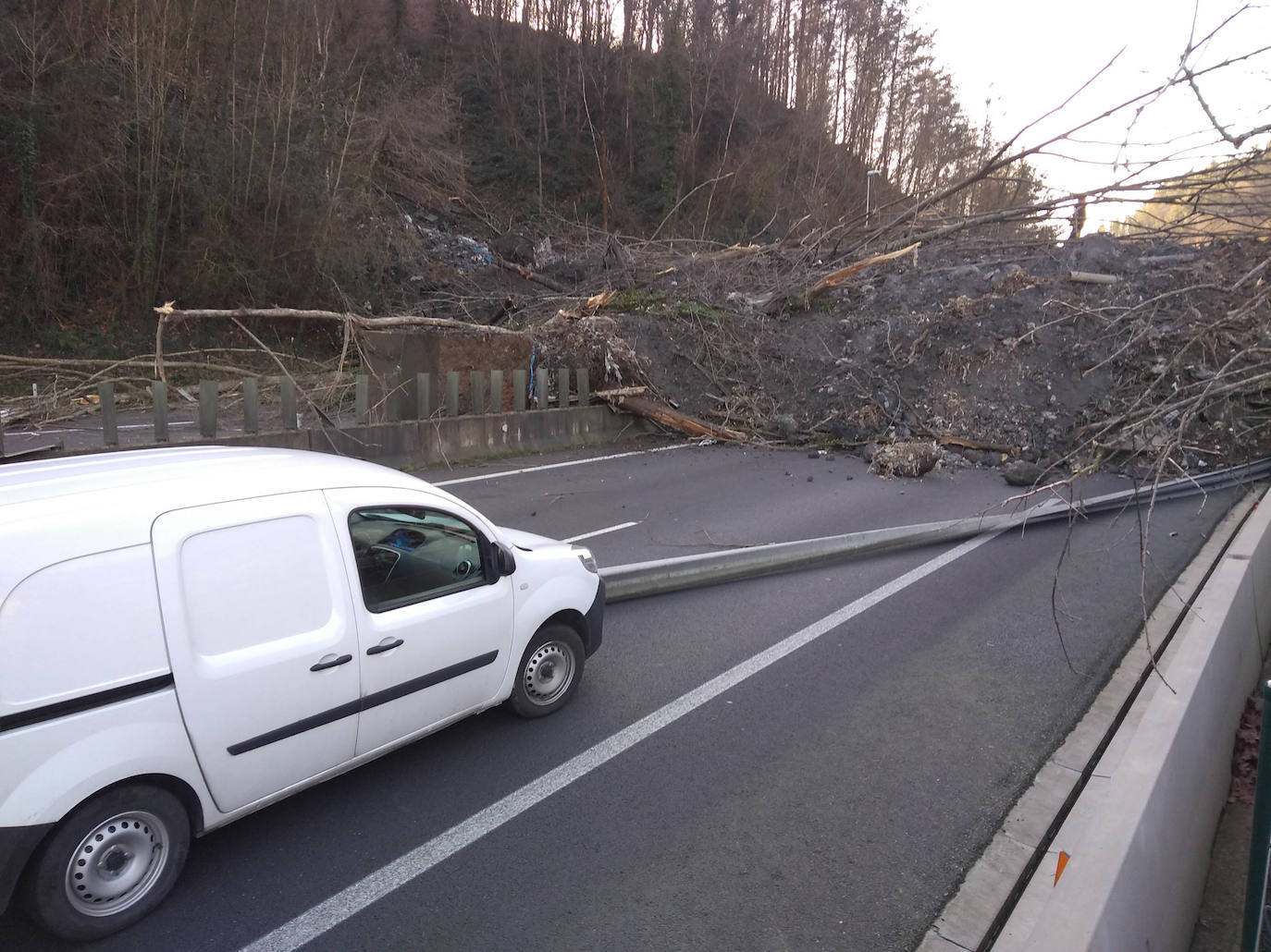 La autopista AP-8 está cortada en ambos sentidos a la altura de Zaldibar por un desprendimiento de tierras que ha provocado la caída de un árbol de grandes dimensiones sobre la calzada. Según ha informado el Departamento de Seguridad, el tráfico sentido Irun se está desviando por la salida de Ermua y sentido Cantabria por la salida de Eibar. 