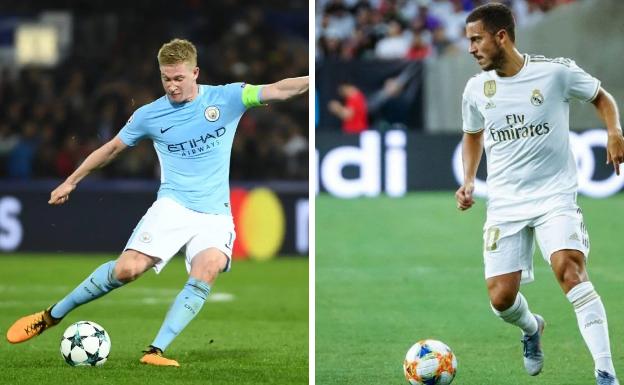 De Bruyne y Hazard, compañeros con Bélgica y rivales el día 26. 