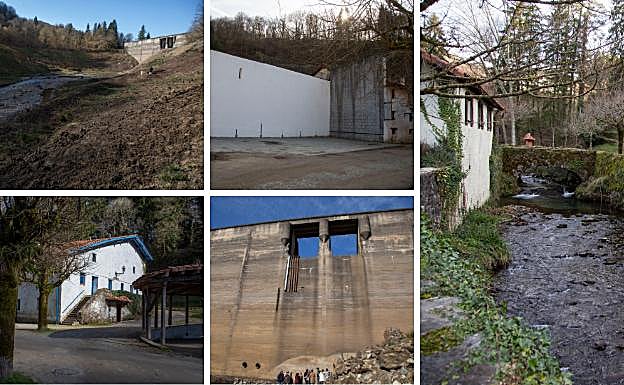 El embalse, ya vacío, y la presa. A la derecha, el río a su paso por el barrio de Artikutza, que cuenta con frontón, iglesia y albergue, entre otras construcciones. 