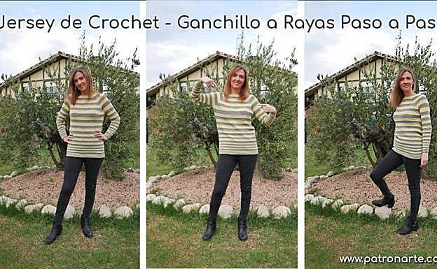 Mari Luz con uno de los jerseis de crochet realizado por ella misma