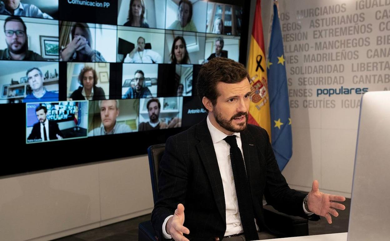 Casado, este viernes, durante el comité de seguimiento del coronavirus, en una imagen cedida por el PP. 