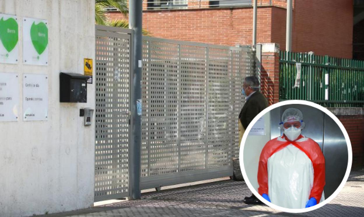 Exterior de la residencia Berra en Donostia, donde ayer se registró un fallecido por coronavirus y una trabajadora de un centro de Ordizia con un traje con bolsas de basura 