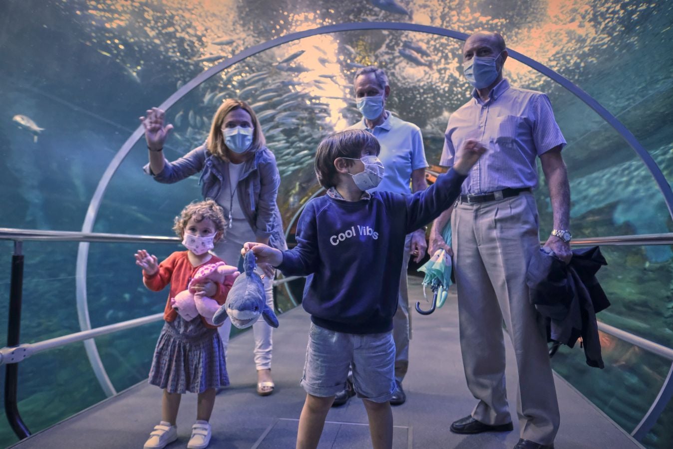 El Aquarium de Donostia ha recibido sus primeras visitas tras el cierre obligado por culpa de la crisis santiaria provocada por el Covid-19. Los hermanos Jon y Malen Lasurtegui junto con el aitona Jesús Ángel han sido los primeros afortunados en recorrer el túnel y ver a los tiburones.