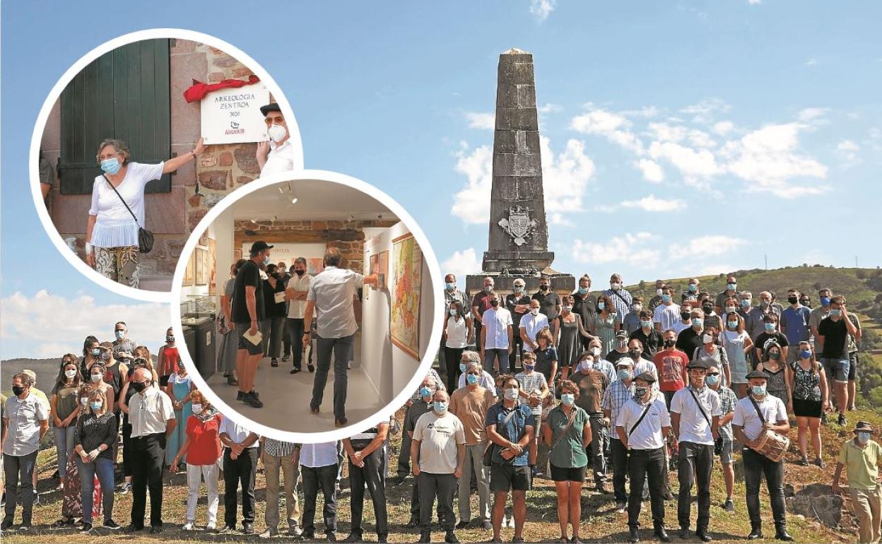 Foto de grupo previa a la inauguración, con autoridades, miembros de Aranzadi y vecinos de Amaiur 