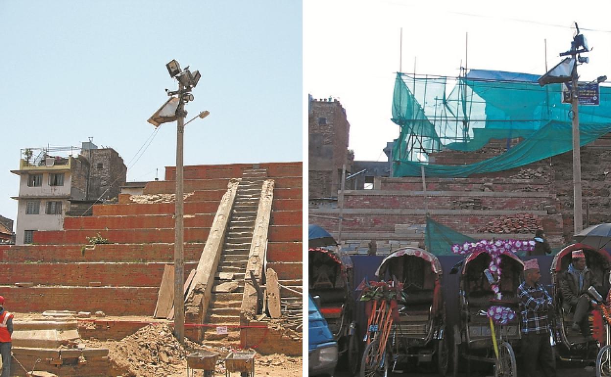 Katmandú. Parece que no ha pasado mucho tiempo entre la imagen de la izquierda (2015) y la de la derecha (2019) ya que la pagoda, en pleno centro de Durbar Square, todavía sigue en obras que esperan terminar, según anunciaba algún cartel, este 2020. 