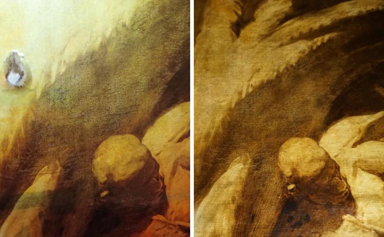 Impacto. El agujero provocado por el tiro, a la izquierda, ya ha sido reparado