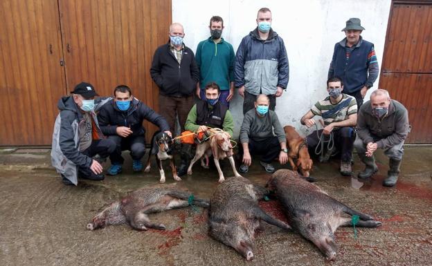 Ramón Nazabal, abajo a la derecha, con el grupo que caza jabalíes en la zona de Zaldibia. A sus pies, varios ejemplares abatidos. 