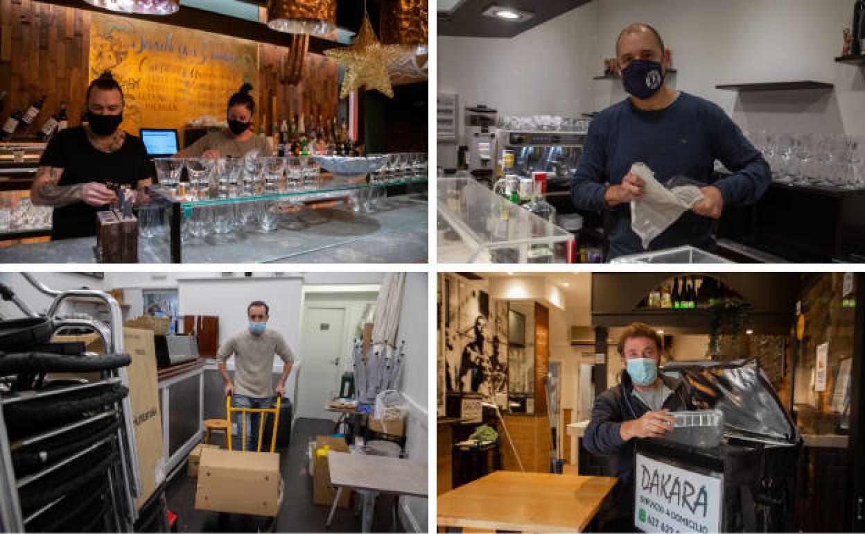 Xabier y Aizpea, del Xarma; Iñigo Olaizola, del bar Álex, David García, del bar Zabaleta y Luis Plá, del Dakara, preparan sus establecimientos para la reapertura.
