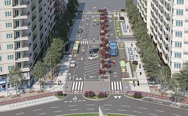 Imagen principal - Por un lado, fotomontaje del proyecto de semipeatonalización de Isabel II, entre plazar Irun y avenida de Madrid. Por otro, fotografías del estado de la obra.