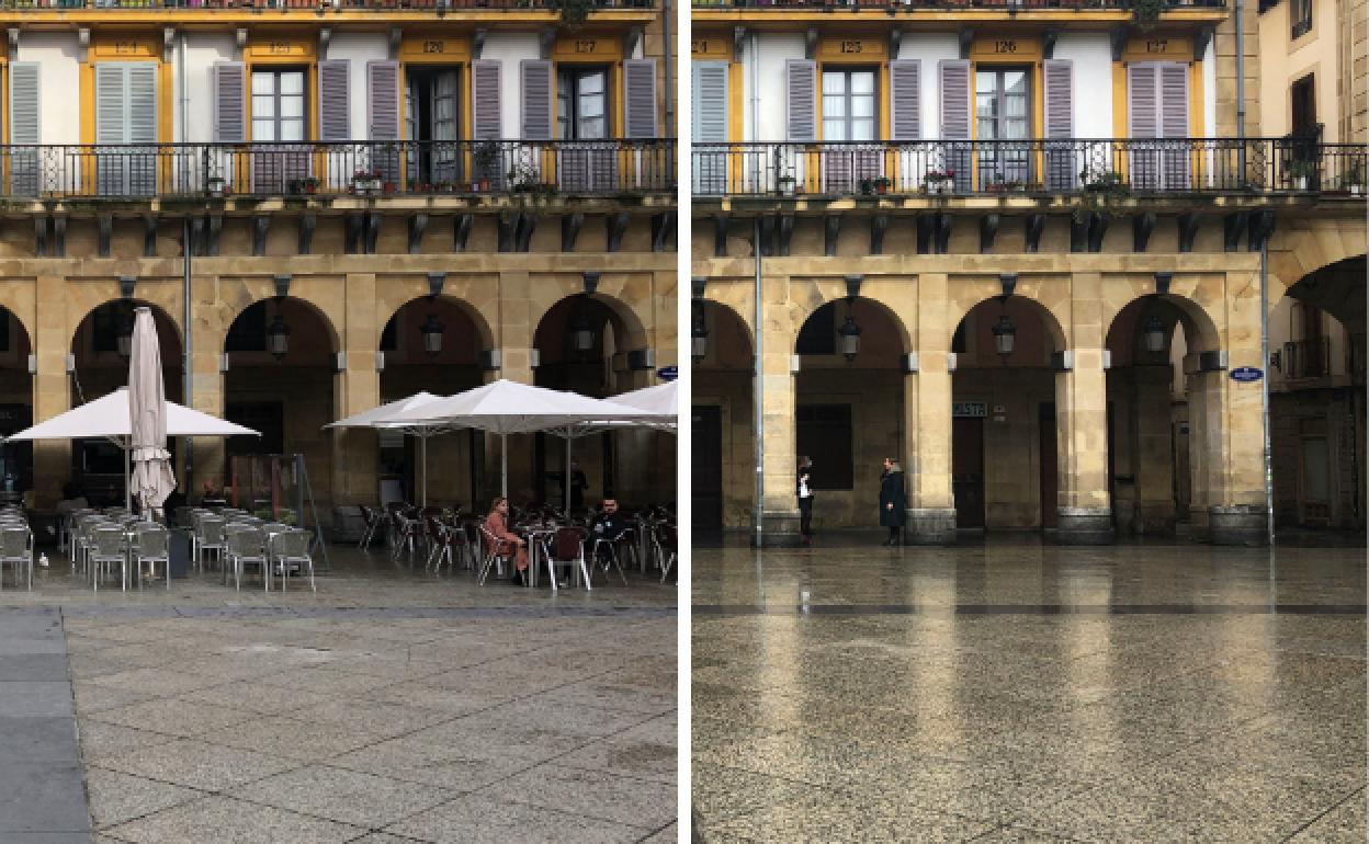 Dos imágenes de la plaza de la Constitución, antes y después del cierre de la hostelería.