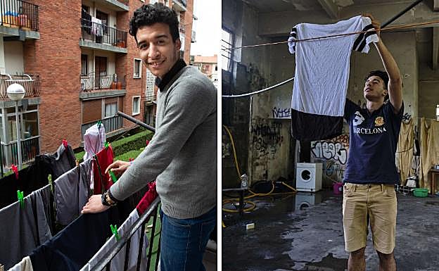 A la izquierda, Yassine en la casa en la que reside. A la derecha, imagen del pasado abril, cuando vivía en el Infierno.