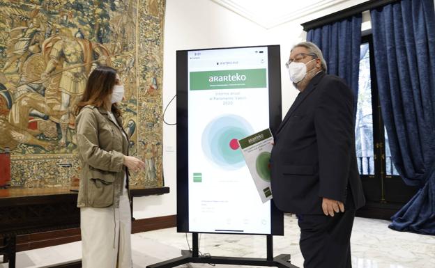 Manu Lezertua entrega el informe de 2020 a la presidenta del Parlamento vasco, Bakartxo Tejeria