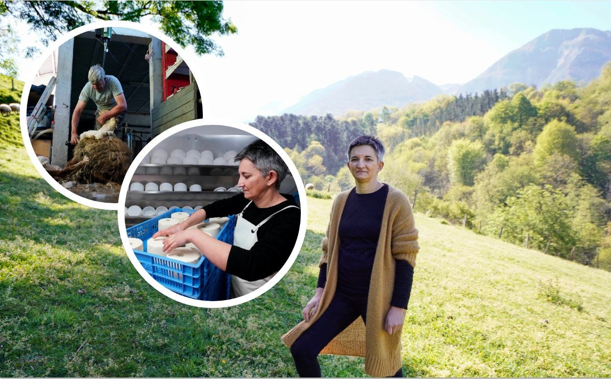 Arantxa Garaiburu ante su rebaño en un prado de Amezketa con los terrenos de la chabola Irañeta y Larrunarri detrás. 