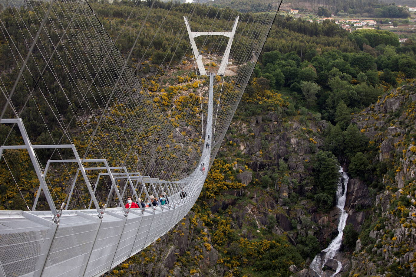 Portugal inauguró este jueves 29 de abril el puente peatonal suspendido más largo del mundo, a 175 metros sobre el río Paiva, en el norte, y que con sus 516 metros supera el récord establecido en 2017 por la pasarela Charles Kuonen de los Alpes suizos. El puente atraviesa un barranco granítico del municipio de Arouca y está formado por 127 planchas de rejilla con barandillas metálicas de 1,20 metros de ancho, sujetas por cables de acero a unos pilares en forma de 'V' situados a cada extremo.