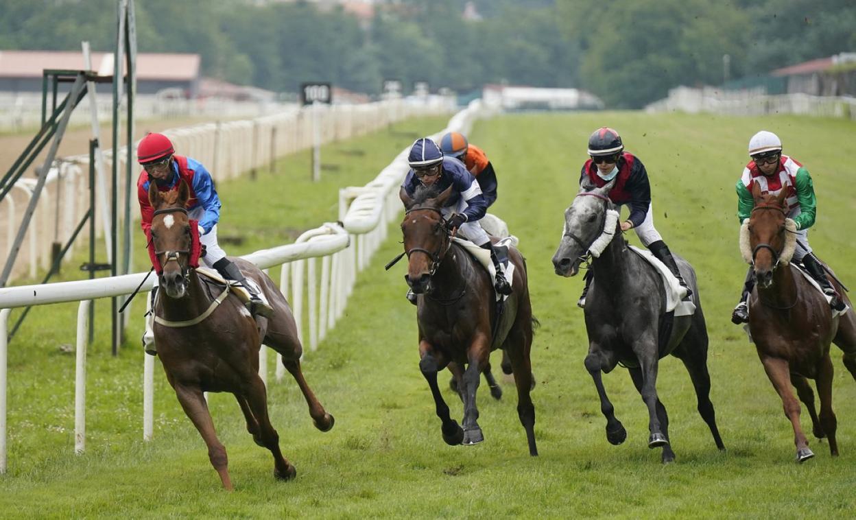 Los caballos, a punto de doblar la curva del Oria. 