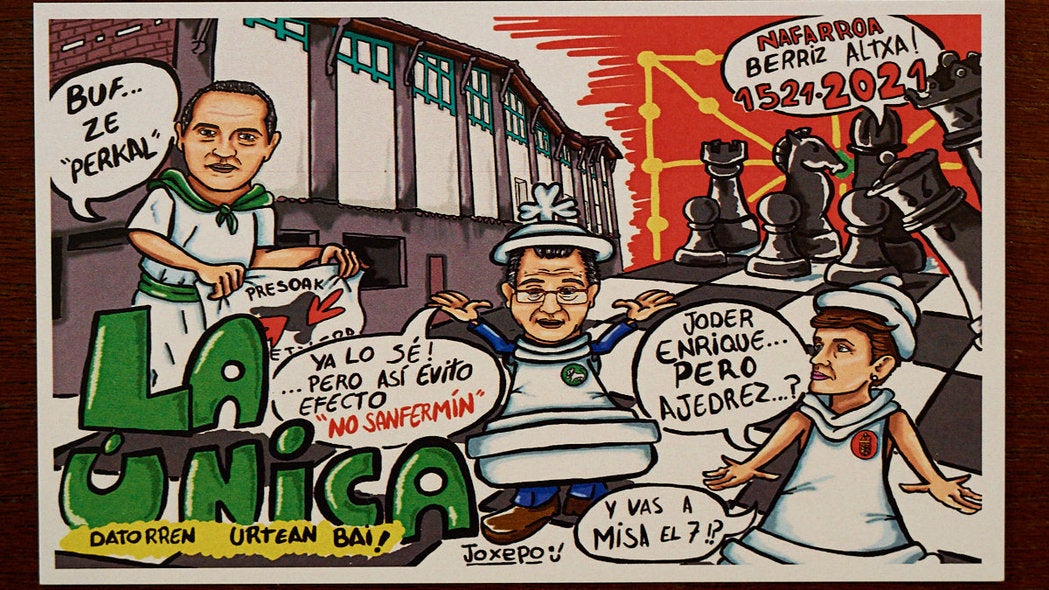 La Federación de Peñas de Pamplona ha presentado este miércoles las pancartas para los segundos 'no Sanfermines'a causa de la pandemia de coronavirus.