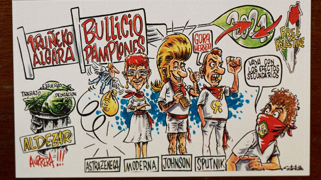 La Federación de Peñas de Pamplona ha presentado este miércoles las pancartas para los segundos 'no Sanfermines'a causa de la pandemia de coronavirus.