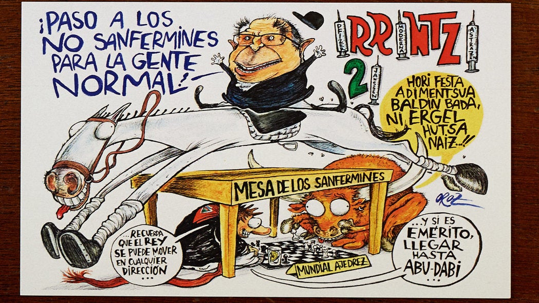 La Federación de Peñas de Pamplona ha presentado este miércoles las pancartas para los segundos 'no Sanfermines'a causa de la pandemia de coronavirus.