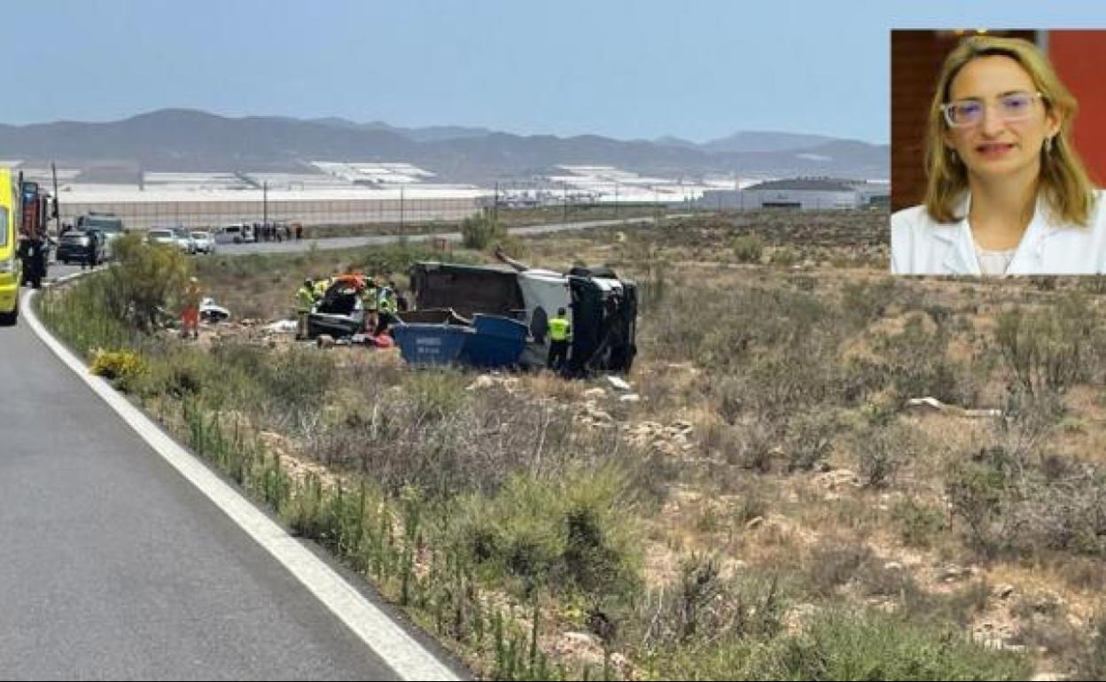 El lugar del accidente. En el recuadro la mujer fallecida, María Zandio la directora asistencial del complejo hospitalario de Navarra 